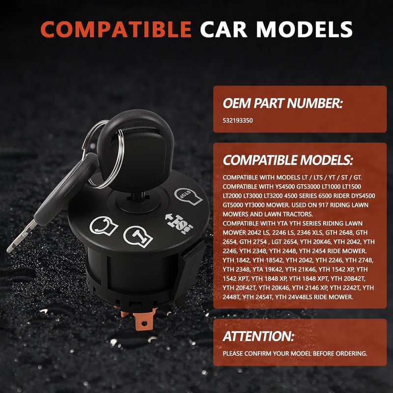 NFSpeeding 532193350 Ignition Starter Switch 4 Position with Key Fits AYP, Craftsman, Sears, Poulan Lawn Mower Rider Replace 193350 532193350 - Image 2